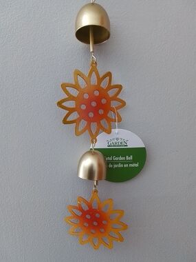 Metal Garden Bell with Orange Sunflower Accents